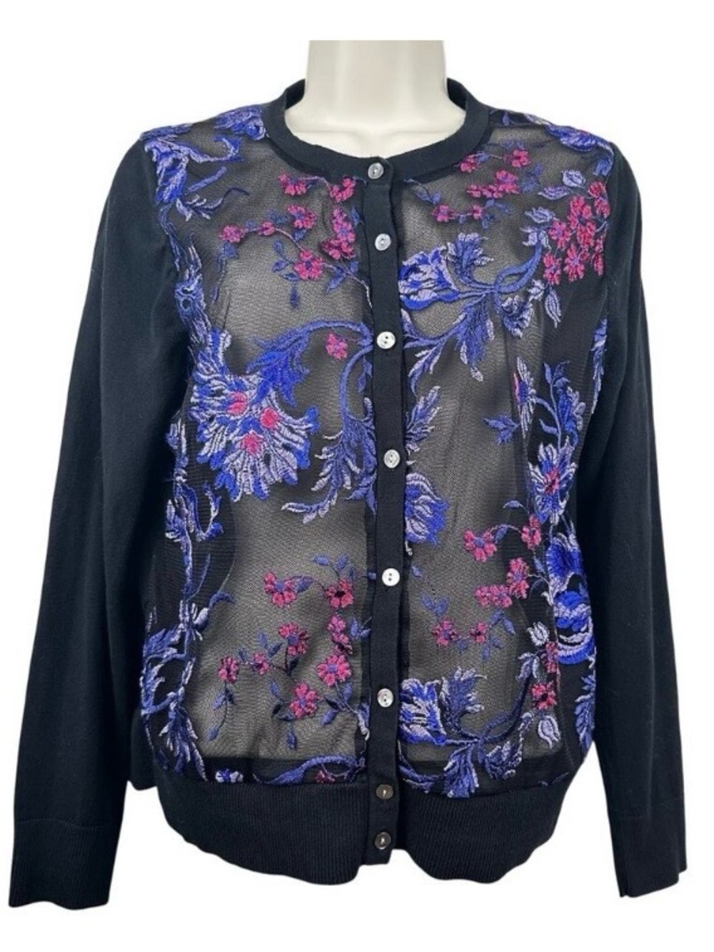 A New Day Embroidered Sheer Cardigan Floral Black Opalescent Buttons Women's M